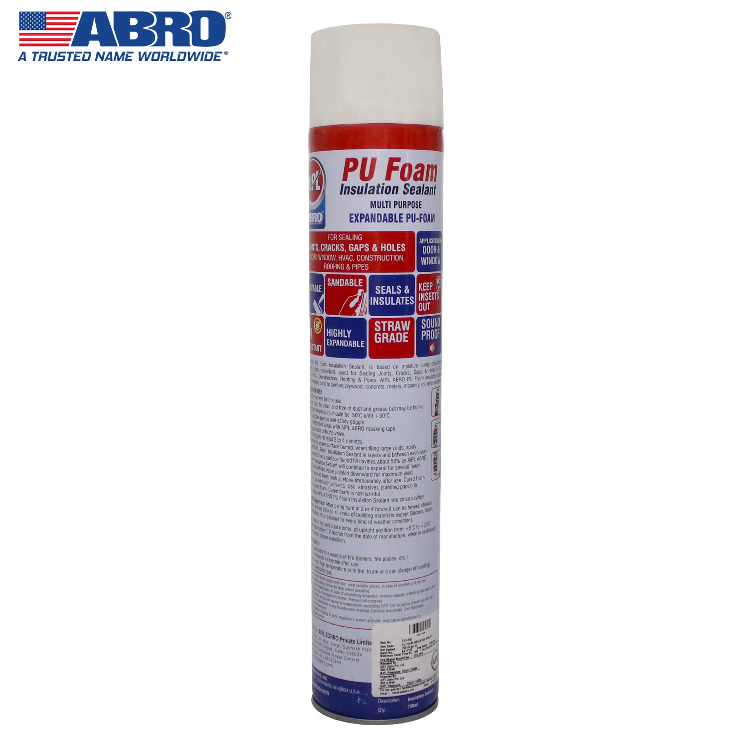 ABRO PUF-750 Multipurpose Expandable PU Foam Insulation Sealant Spray for Window, Tile, Door & AC Gaps Crack Filler (750 ml)
